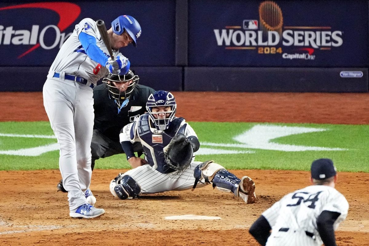 Oct 28, 2024; New York, New York, USA; Los Angeles Dodgers first baseman Freddie Freeman (5) fouls a ball off his ankle during the seventh inning against the New York Yankees in game three of the 2024 MLB World Series at Yankee Stadium. Mandatory Credit: Robert Deutsch-Imagn Images