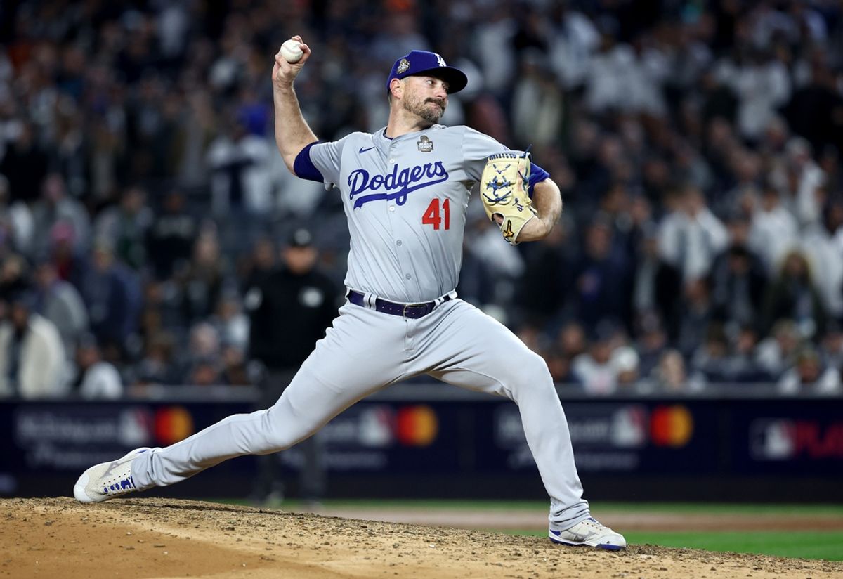 Oct 28, 2024; New York, New York, USA; Los Angeles Dodgers pitcher Daniel Hudson (41) throws during the seventh inning against the New York Yankees in game three of the 2024 MLB World Series at Yankee Stadium. Mandatory Credit: Wendell Cruz-Imagn Images
