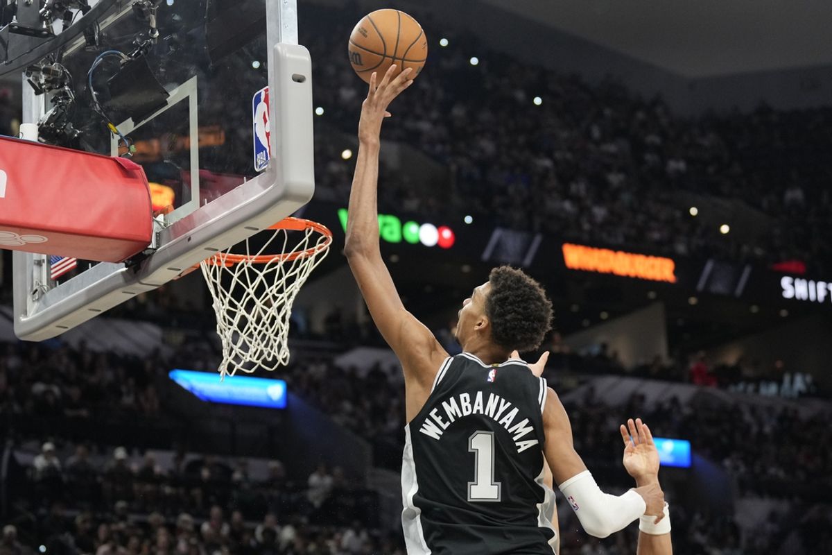 Oct 28, 2024; San Antonio, Texas, USA; San Antonio Spurs center Victor Wembanyama (1) drives to the basket during the second half against the Houston Rockets at Frost Bank Center. Mandatory Credit: Scott Wachter-Imagn Images