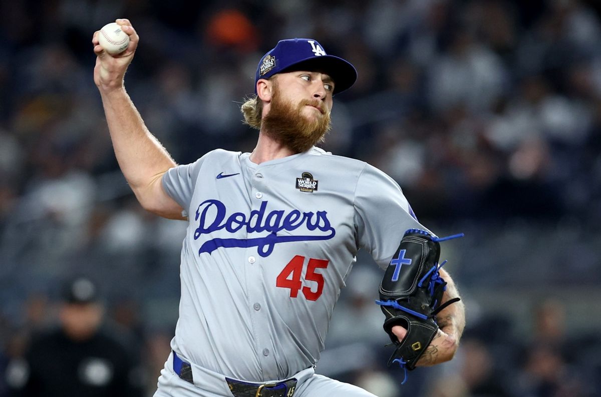 Oct 28, 2024; New York, New York, USA; Los Angeles Dodgers pitcher Michael Kopech (45) throws during the ninth inning against the New York Yankees in game three of the 2024 MLB World Series at Yankee Stadium. Mandatory Credit: Wendell Cruz-Imagn Images