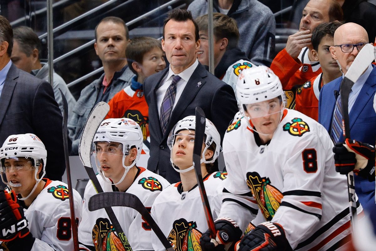 Oct 28, 2024; Denver, Colorado, USA; Chicago Blackhawks head coach Luke Richardson looks on in the third period against the Colorado Avalanche at Ball Arena. Mandatory Credit: Isaiah J. Downing-Imagn Images