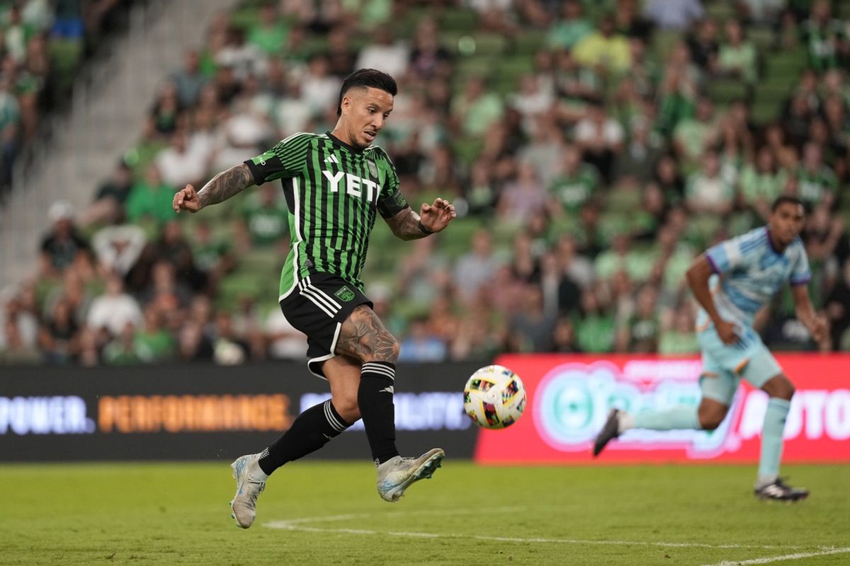 Oct 19, 2024; Austin, Texas, USA; Austin FC forward Sebastian Driussi (10) plays the ball in the second half against the Colorado Rapids at Q2 Stadium. Mandatory Credit: Scott Wachter-Imagn Images