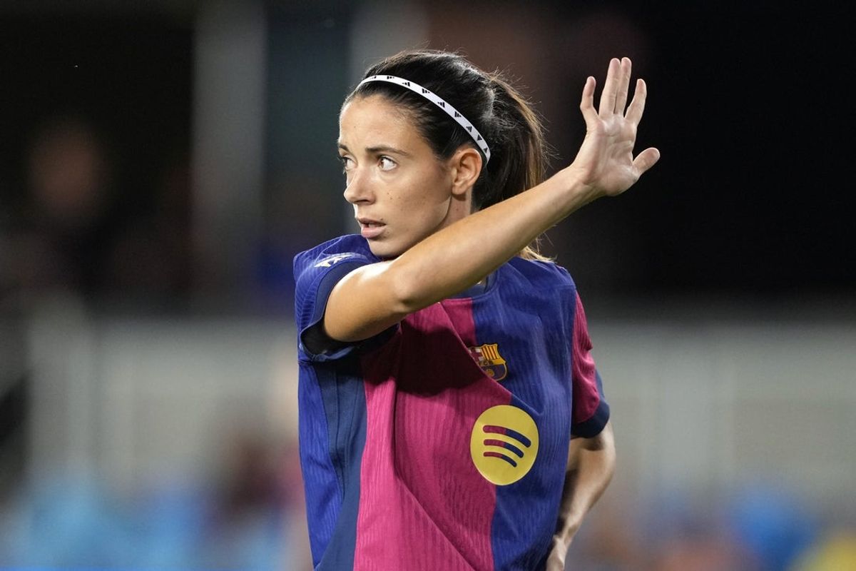 Aug 27, 2024; San Jose, California, USA; FC Barcelona midfielder Aitana Bonmati (14) gestures during the second half against Bay FC at Paypal Park. Mandatory Credit: Darren Yamashita-USA TODAY Sports
