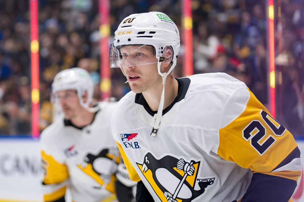 Oct 26, 2024; Vancouver, British Columbia, CAN; Pittsburgh Penguins forward Lars Eller (20) skates during warm up prior to a game against the Vancouver Canucks at Rogers Arena. Mandatory Credit: Bob Frid-Imagn Images