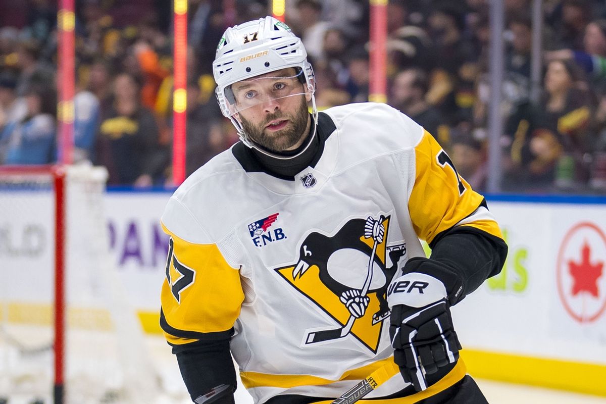 Oct 26, 2024; Vancouver, British Columbia, CAN; Pittsburgh Penguins forward Bryan Rust (17) skates during warm up prior to a game against the Vancouver Canucks at Rogers Arena. Mandatory Credit: Bob Frid-Imagn Images