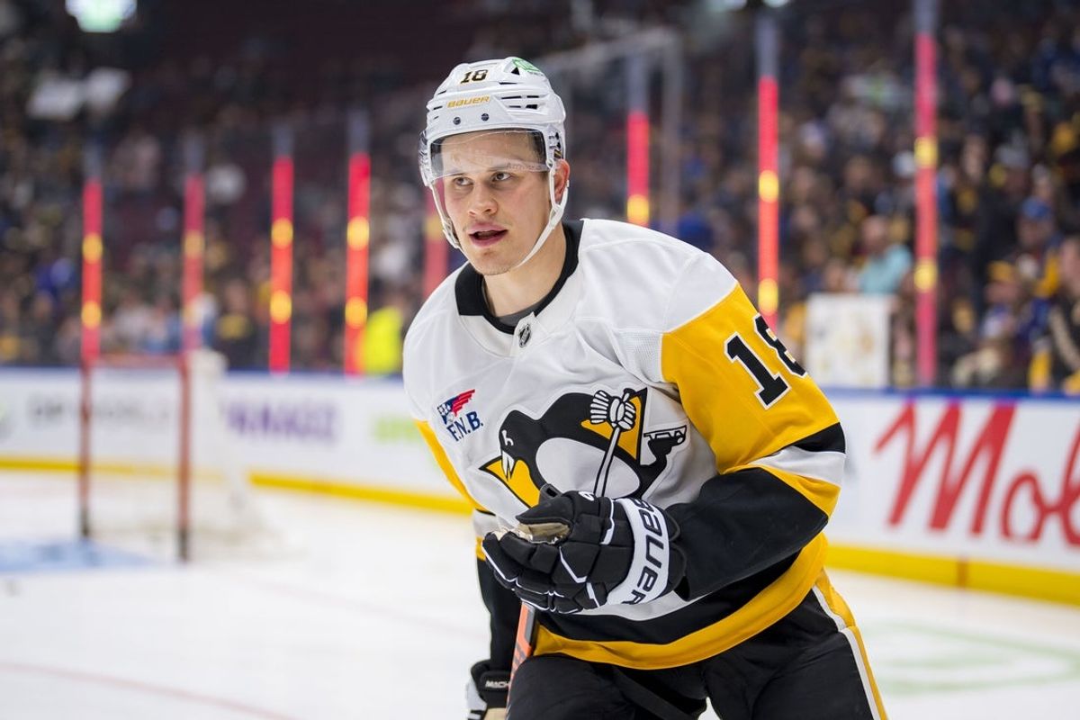 Oct 26, 2024; Vancouver, British Columbia, CAN; Pittsburgh Penguins forward Jesse Puljujarvi (18) skates during warm up prior to a game against the Vancouver Canucks at Rogers Arena. Mandatory Credit: Bob Frid-Imagn Images