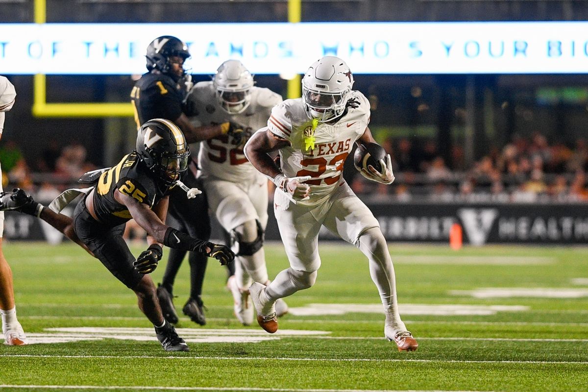 Oct 26, 2024; Nashville, Tennessee, USA;  Texas Longhorns running back Jaydon Blue (23) runs the ball against the Vanderbilt Commodores during the second half at FirstBank Stadium. Mandatory Credit: Steve Roberts-Imagn Images