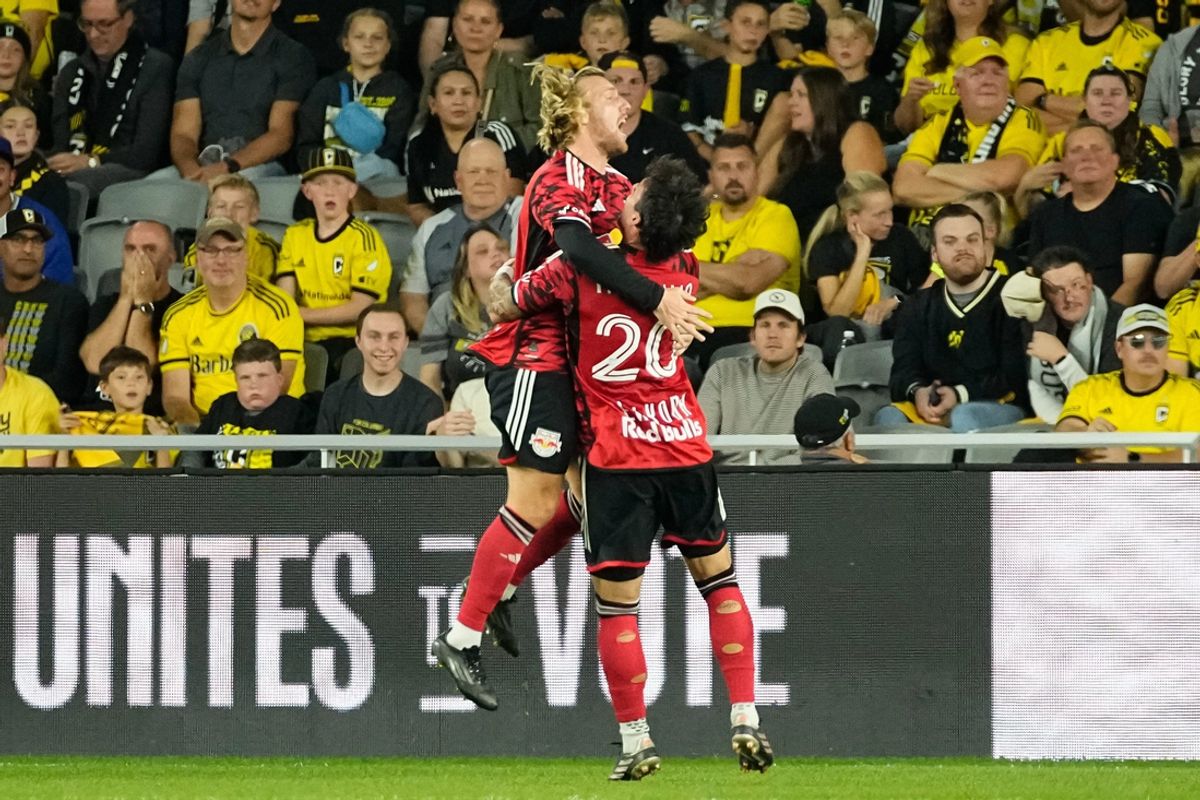 New York Red Bulls midfielder Felipe Carballo (20) celebrates scoring a goal with midfielder Emil Forsberg (10) during the first half of the MLS Cup Playoffs first round game against the Columbus Crew at Lower.com Field in Columbus on Oct. 29.
