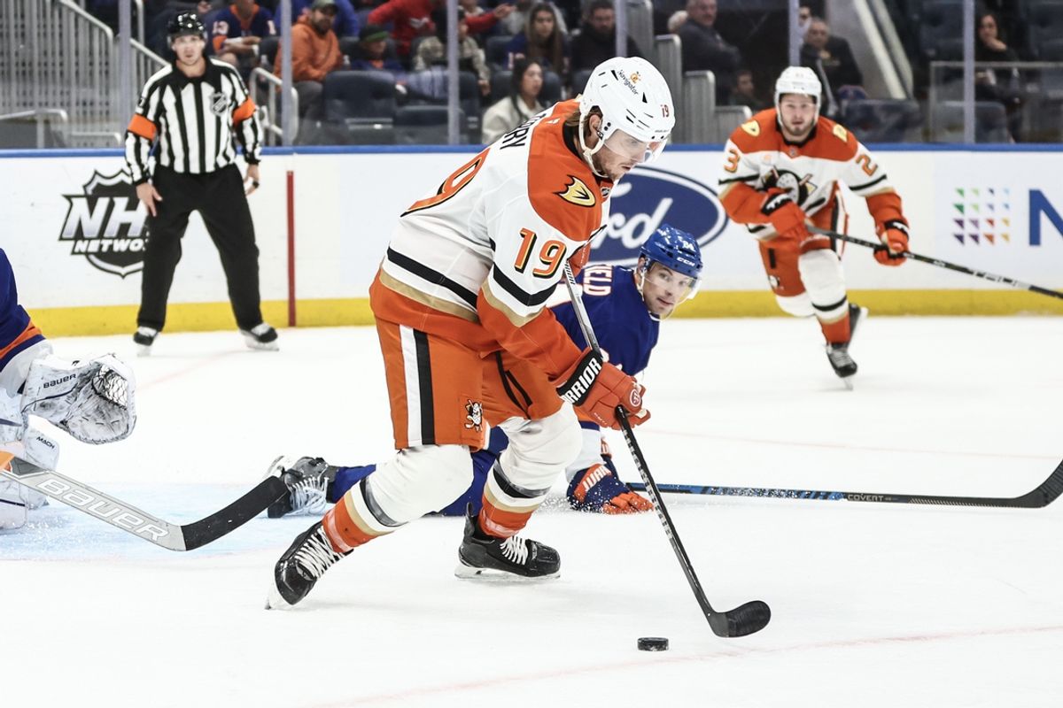 Oct 29, 2024; Elmont, New York, USA; Anaheim Ducks right wing Troy Terry (19) controls the puck in the first period against the New York Islanders at UBS Arena. Mandatory Credit: Wendell Cruz-Imagn Images