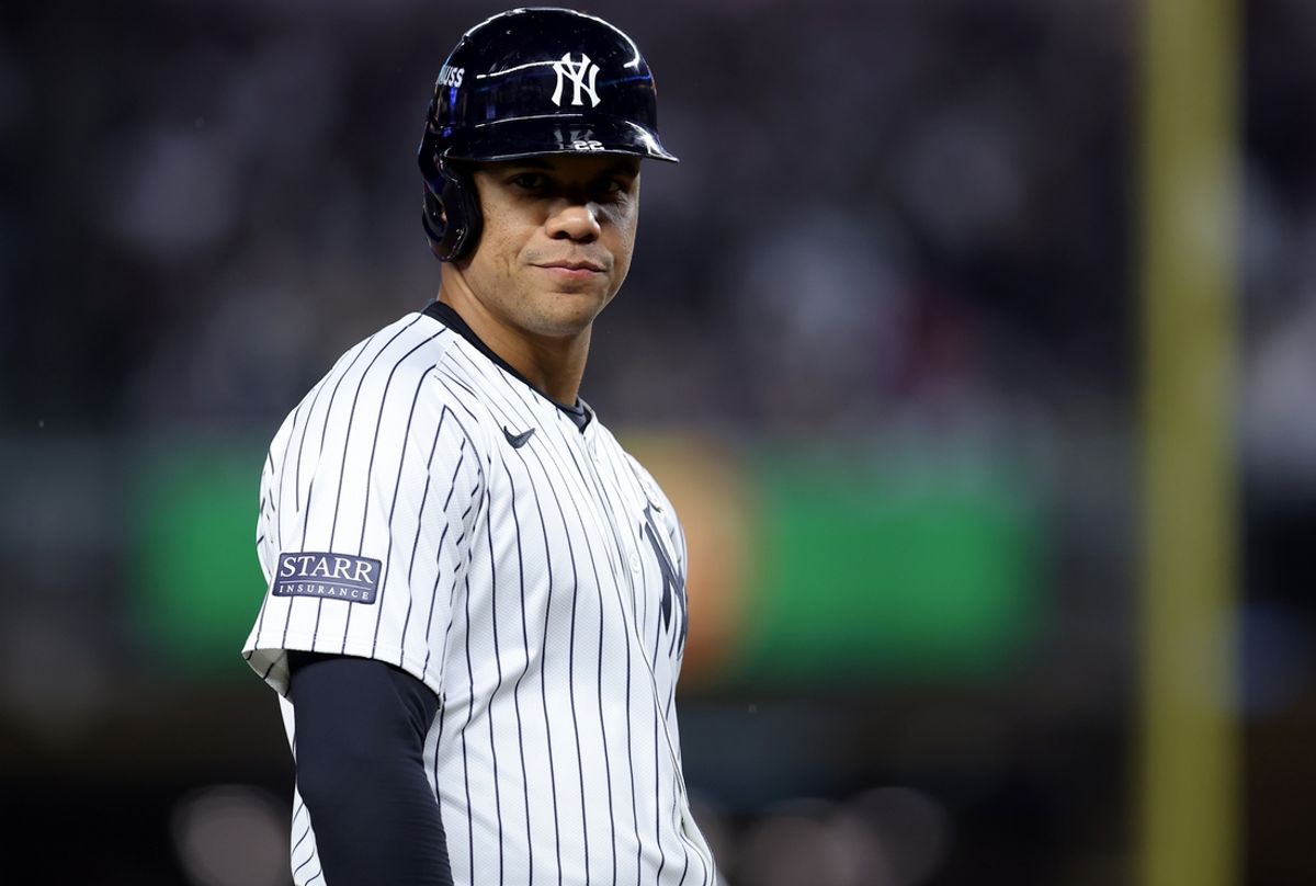 Oct 29, 2024; New York, New York, USA; New York Yankees outfielder Juan Soto (22) on third base during the first inning in game four of the 2024 MLB World Series against the Los Angeles Dodgers at Yankee Stadium. Mandatory Credit: Brad Penner-Imagn Images