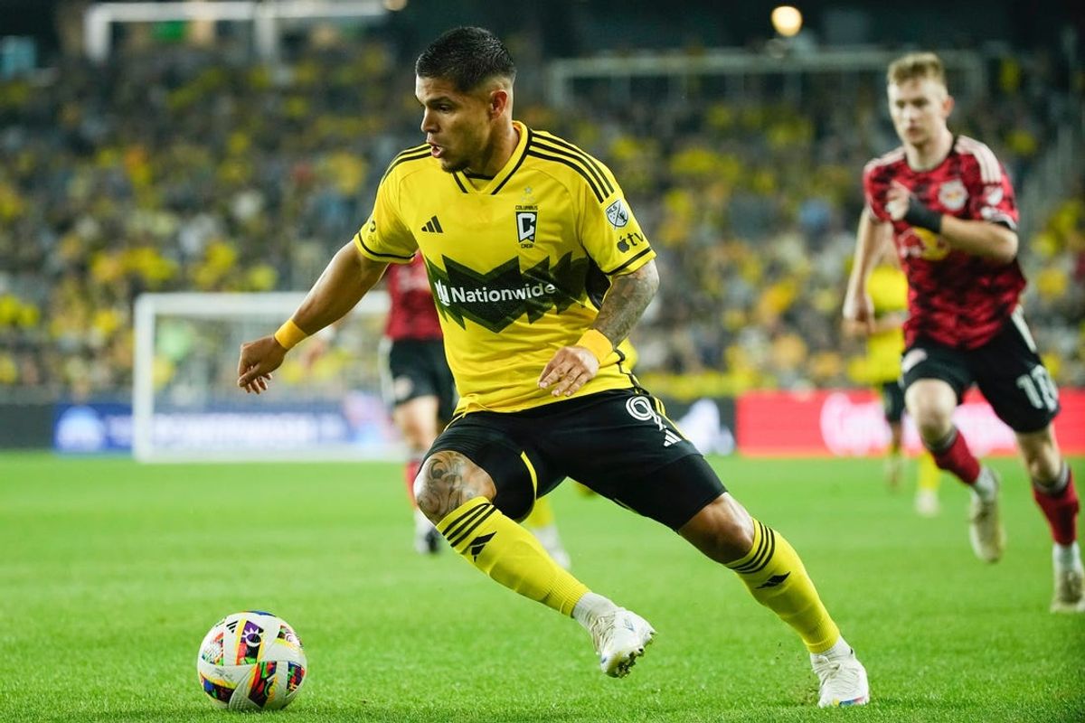 Columbus Crew forward Cucho Hernandez (9) dribbles during the first half of the MLS Cup Playoffs first round game against the New York Red Bulls at Lower.com Field in Columbus on Oct. 29.