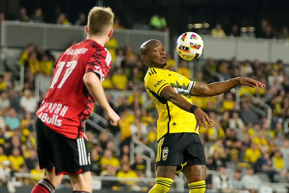 Columbus Crew midfielder Darlington Nagbe (6) controls the ball in front of New York Red Bulls defender Cameron Harper (17) during the first half of the MLS Cup Playoffs first round game at Lower.com Field in Columbus on Oct. 29.