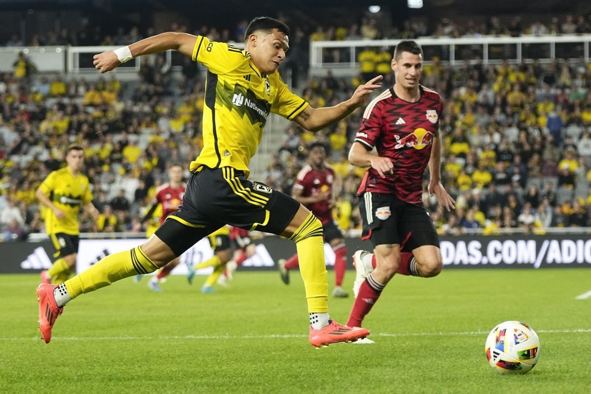 Oct 29, 2024; Columbus, Ohio, USA; Columbus Crew defender Andres Herrera (2) chases down the ball during the second half of the MLS Cup Playoffs first round game against the New York Red Bulls at Lower.com Field in Columbus on Oct. 29.  Mandatory Credit: Adam Cairns/USA TODAY Network via Imagn Images