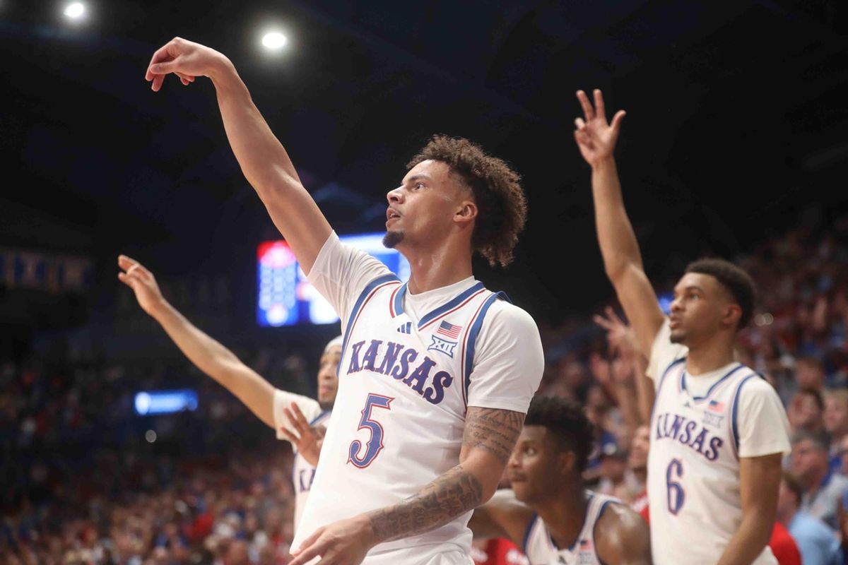 Kansas Jayhawks guard Zeke Mayo (5) looks to score a three-pointer against Washburn in the second half of the game inside Allen Fieldhouse Tuesday, Oct. 29, 2024.