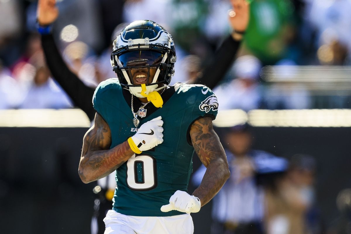 Oct 27, 2024; Cincinnati, Ohio, USA; Philadelphia Eagles wide receiver DeVonta Smith (6) reacts after scoring a touchdown against the Cincinnati Bengals in the second half at Paycor Stadium. Mandatory Credit: Katie Stratman-Imagn Images
