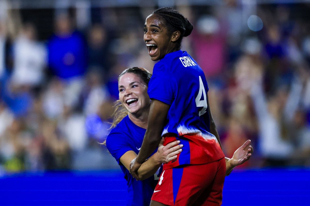 Oct 30, 2024; Louisville, Kentucky, USA; United States defender Naomi Girma (4) celebrates after scoring a goal against Argentina in the first half at Lynn Family Stadium. Mandatory Credit: Katie Stratman-Imagn Images