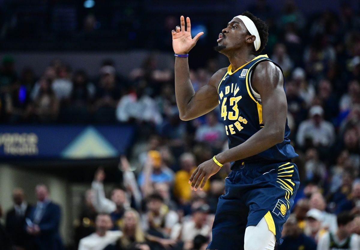 Oct 30, 2024; Indianapolis, Indiana, USA; Indiana Pacers forward Pascal Siakam (43) celebrates some points during the second quarter against the Boston Celtics at Gainbridge Fieldhouse. Mandatory Credit: Marc Lebryk-Imagn Images