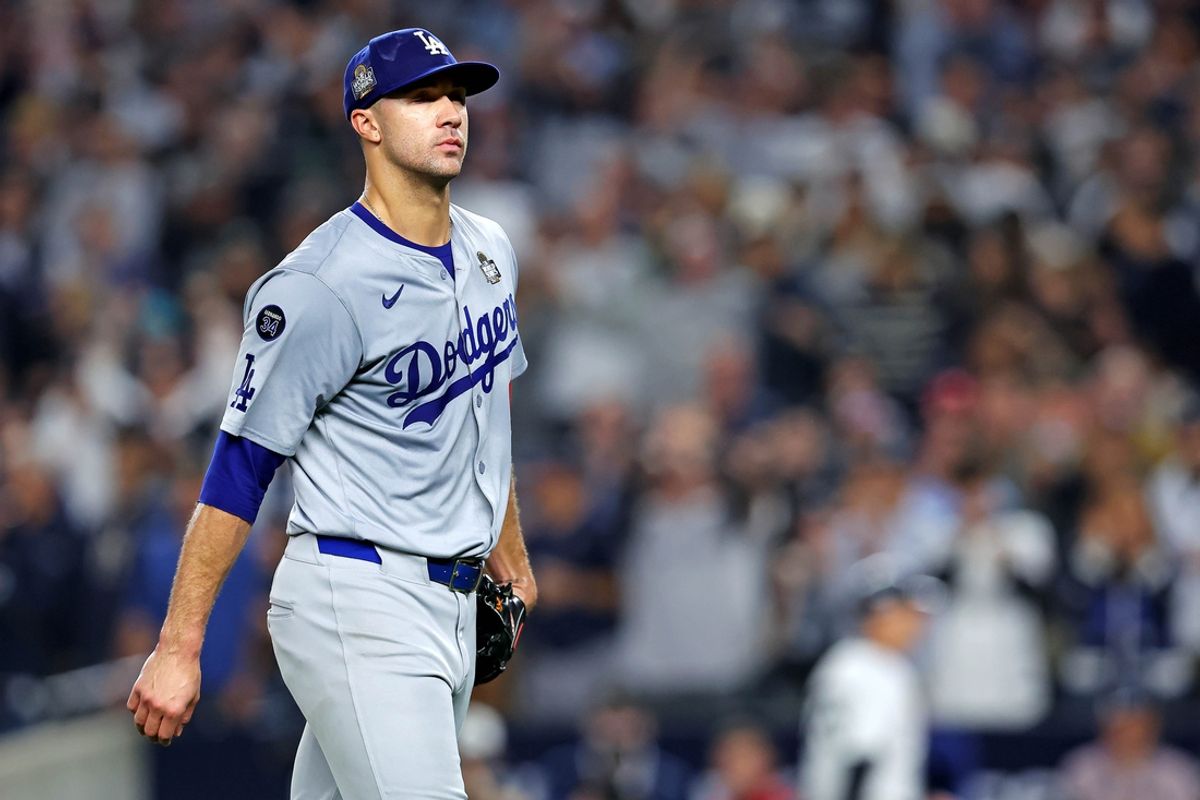 Oct 30, 2024; New York, New York, USA; Los Angeles Dodgers pitcher Jack Flaherty (0) reacts after being relieved during the second inning against the New York Yankees in game four of the 2024 MLB World Series at Yankee Stadium. Mandatory Credit: Brad Penner-Imagn Images