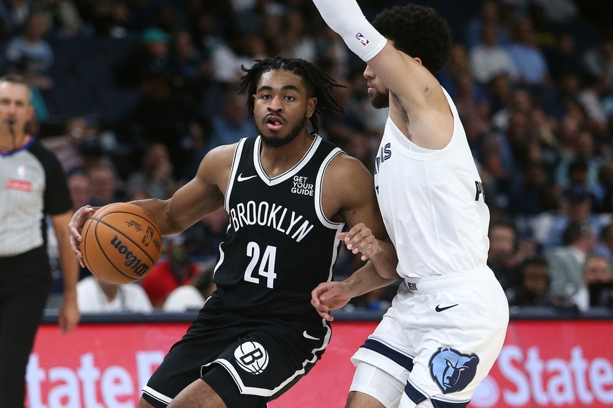 Oct 30, 2024; Memphis, Tennessee, USA; Brooklyn Nets guard Cam Thomas (24) drives to the basket as Memphis Grizzlies guard Scotty Pippen Jr. (1) defends during the first half at FedExForum. Mandatory Credit: Petre Thomas-Imagn Images