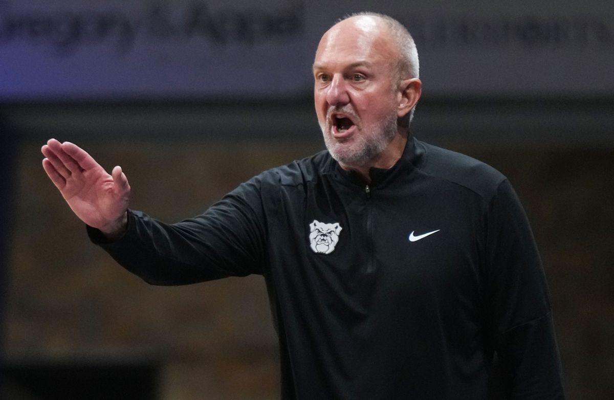 Butler Bulldogs head coach Thad Matta yells to players on the court Wednesday, Oct. 30, 2024, during the game at Hinkle Fieldhouse at Butler University in Indianapolis.