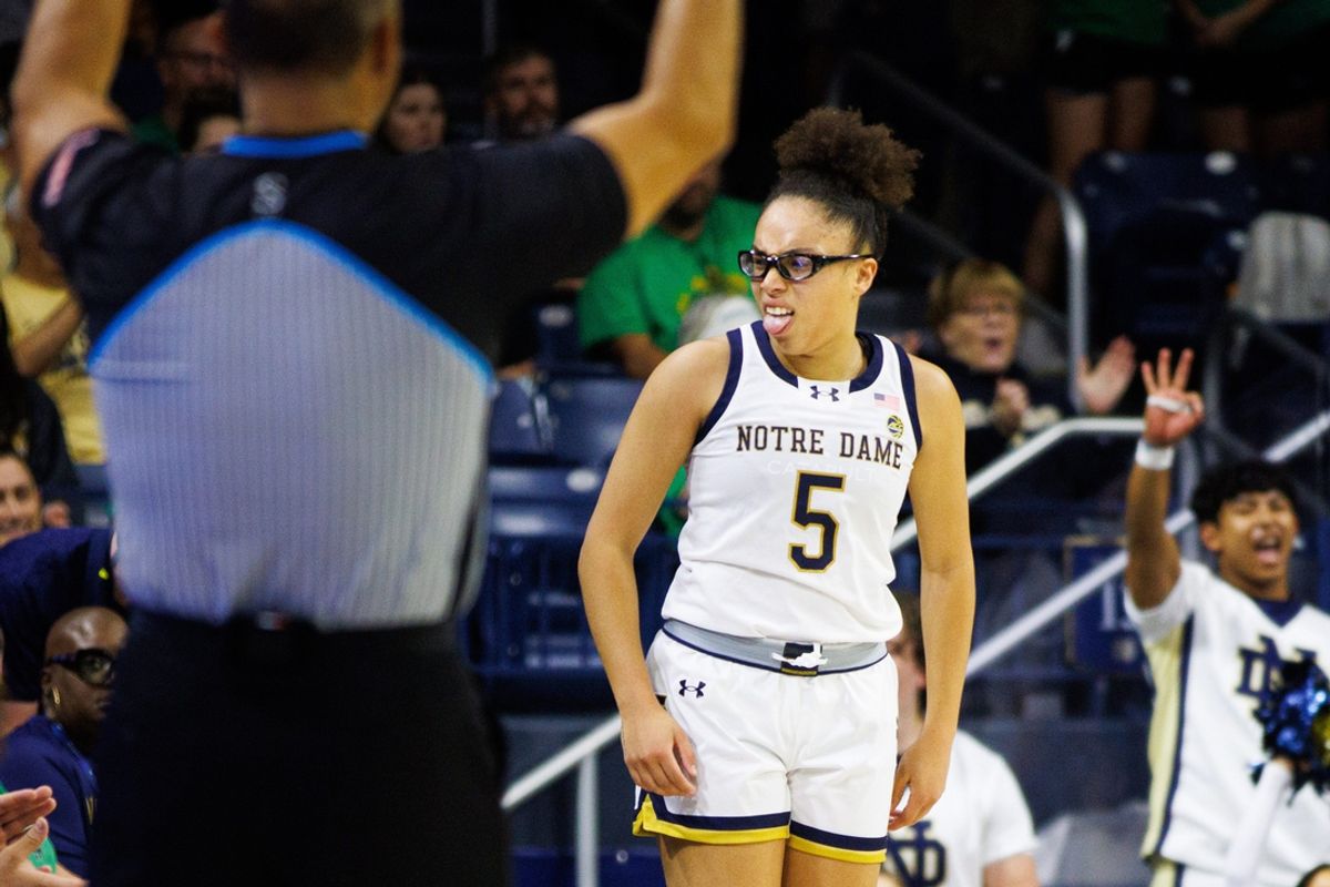 Notre Dame guard Olivia Miles (5) celebrates making a three pointer during an exhibition game against Davenport on Wednesday, Oct. 30, 2024, at Purcell Pavilion in South Bend. Notre Dame won 101-41.