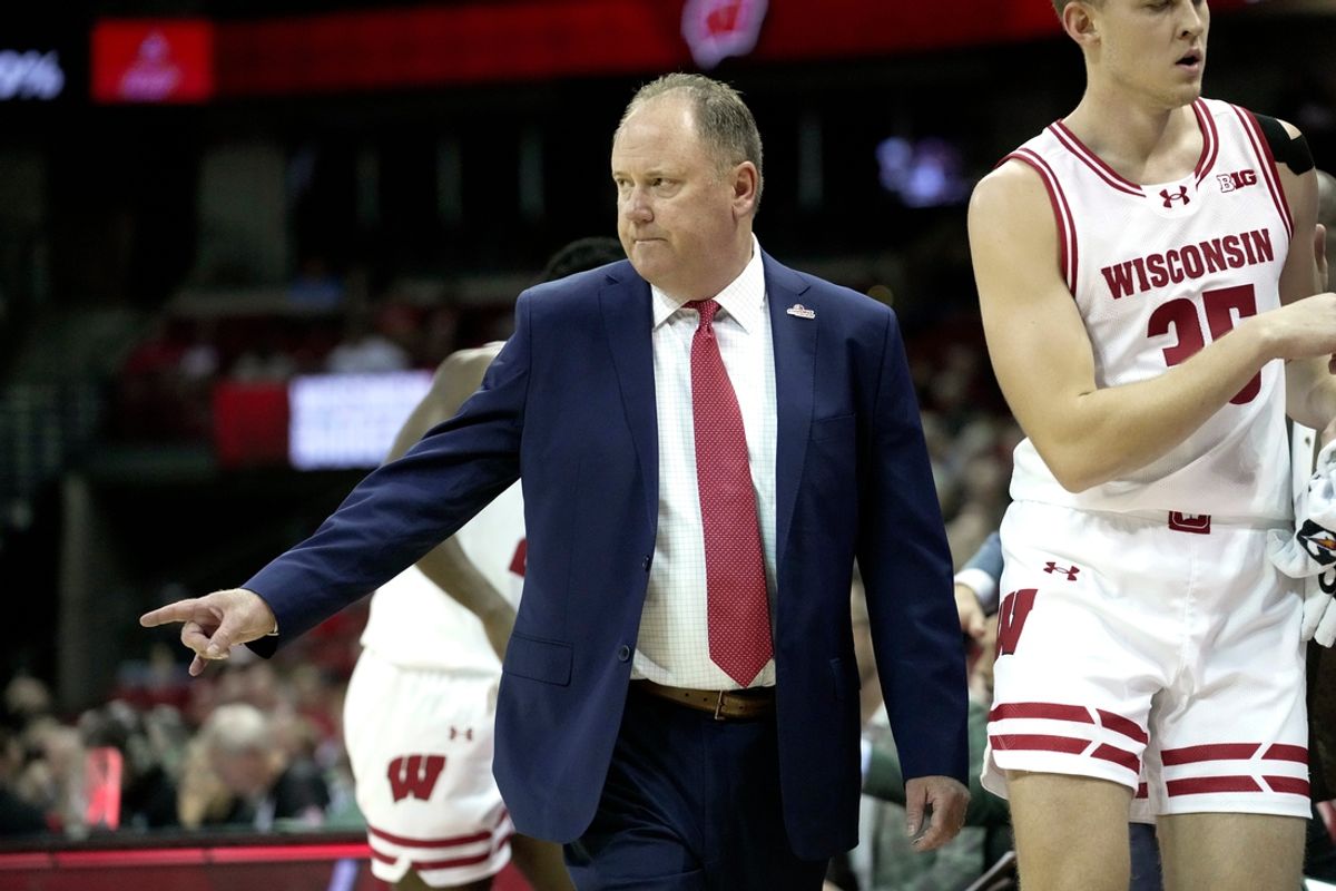 Wisconsin head coach Greg Gard is shown during the first half of their preseason game against UW-River Falls Wednesday, October 30, 2024 at the Kohl Center in Madison, Wisconsin.