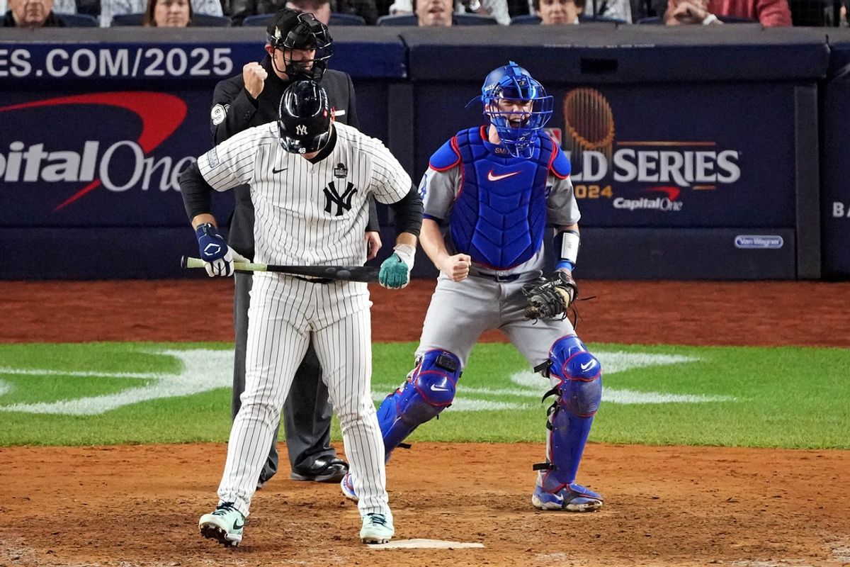 Oct 30, 2024; New York, New York, USA; New York Yankees first baseman Anthony Rizzo (48) reacts after striking out during the eighth inning against the Los Angeles Dodgers in game four of the 2024 MLB World Series at Yankee Stadium. Mandatory Credit: Robert Deutsch-Imagn Images