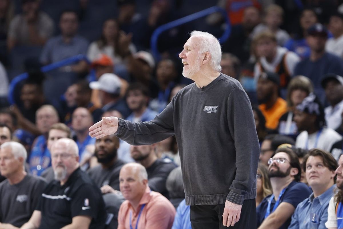 Oct 30, 2024; Oklahoma City, Oklahoma, USA; San Antonio Spurs head coach Gregg Popovich gestures during the second half against the Oklahoma City Thunder at Paycom Center. Mandatory Credit: Alonzo Adams-Imagn Images