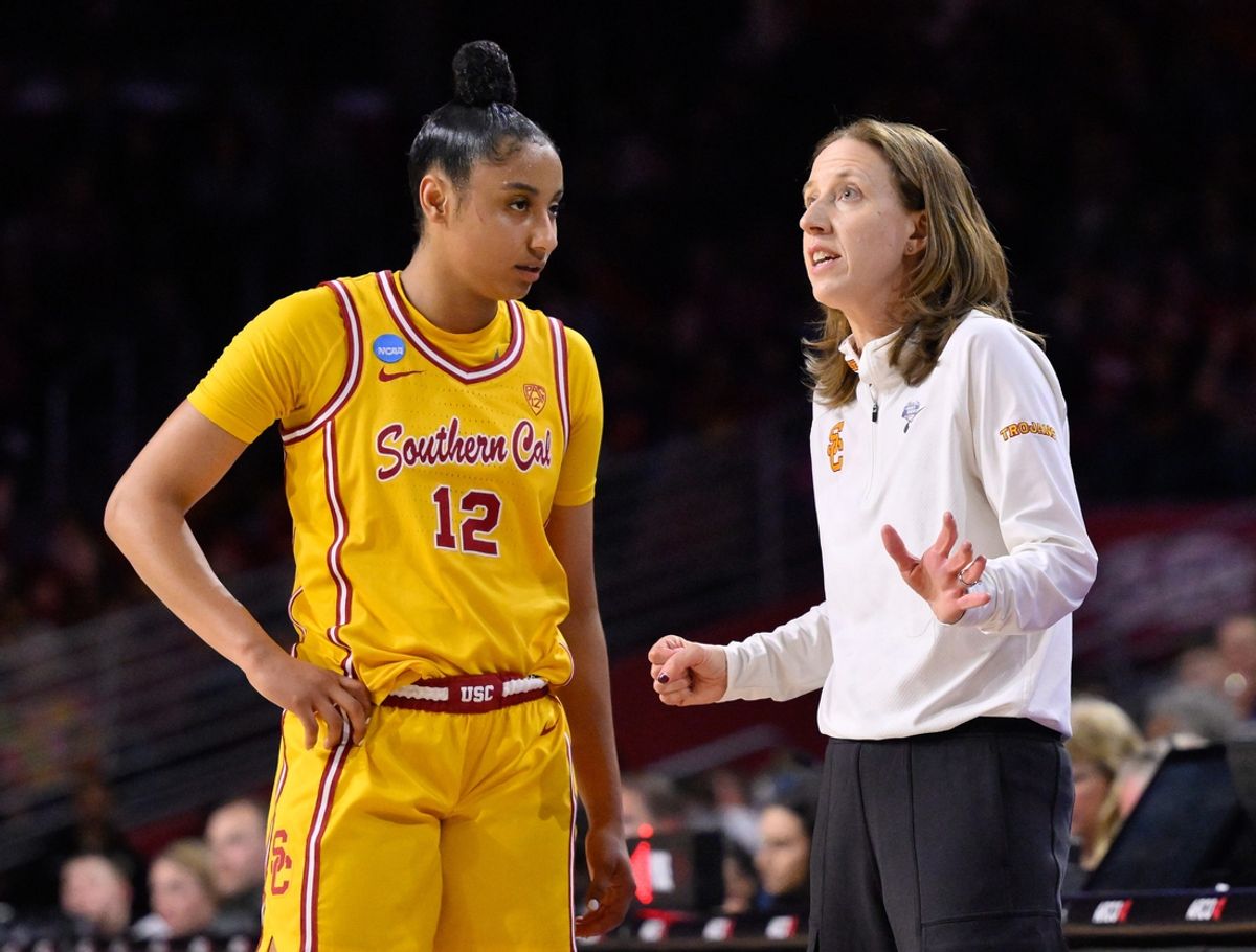 Southern California guard JuJu Watkins (12) with coach Lindsay Gottlieb during an NCAA women's tournament game against Kansas at Galen Center.