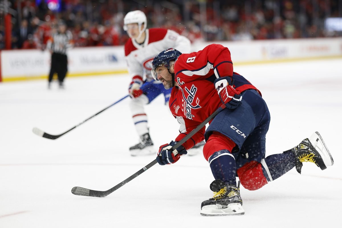 Oct 31, 2024; Washington, District of Columbia, USA; Washington Capitals left wing Alex Ovechkin (8) shoots the puck against the Montreal Canadiens in the third period at Capital One Arena. Mandatory Credit: Geoff Burke-Imagn Images