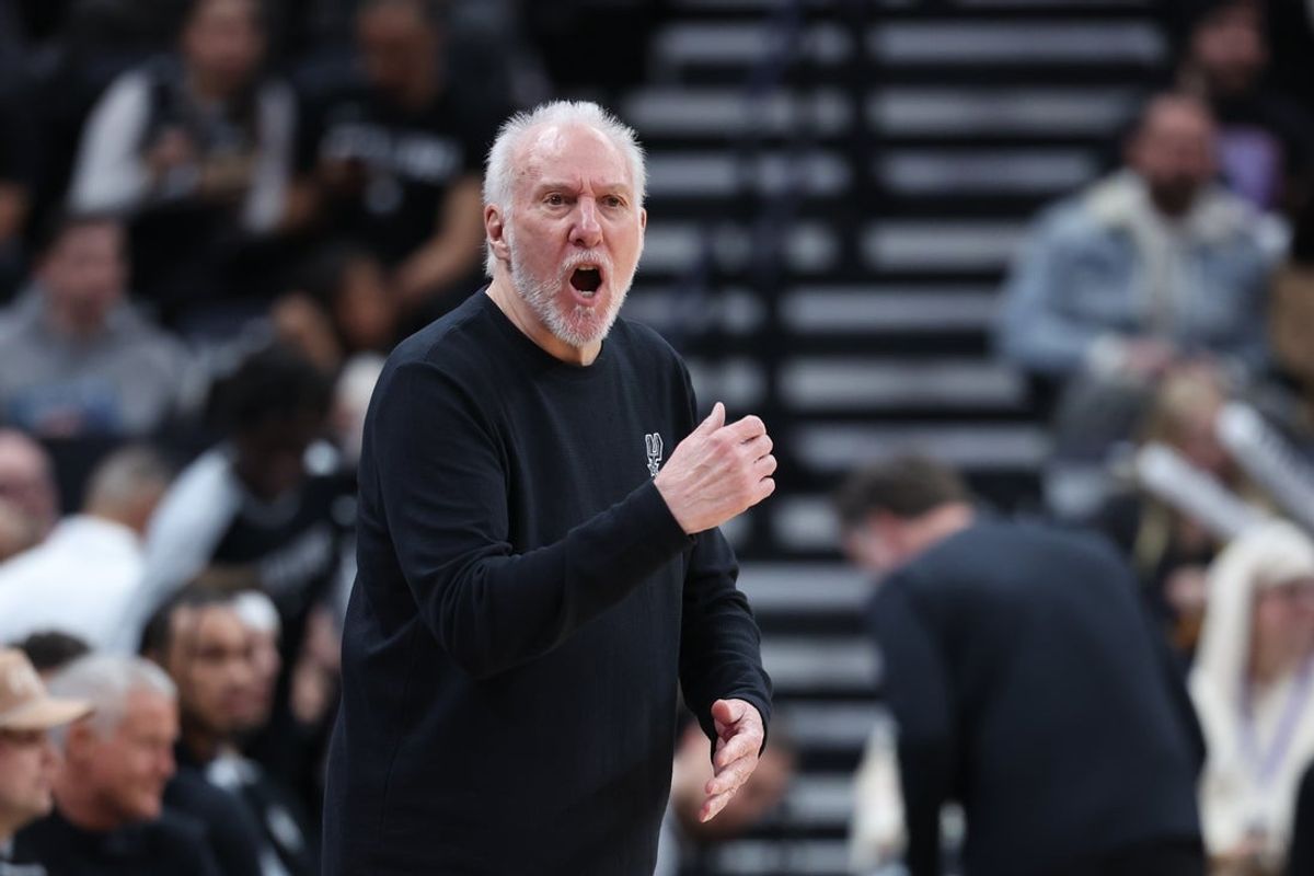 Oct 31, 2024; Salt Lake City, Utah, USA;  San Antonio Spurs head coach Gregg Popovich reacts to a play against the Utah Jazz during the third quarter at Delta Center. Mandatory Credit: Rob Gray-Imagn Images