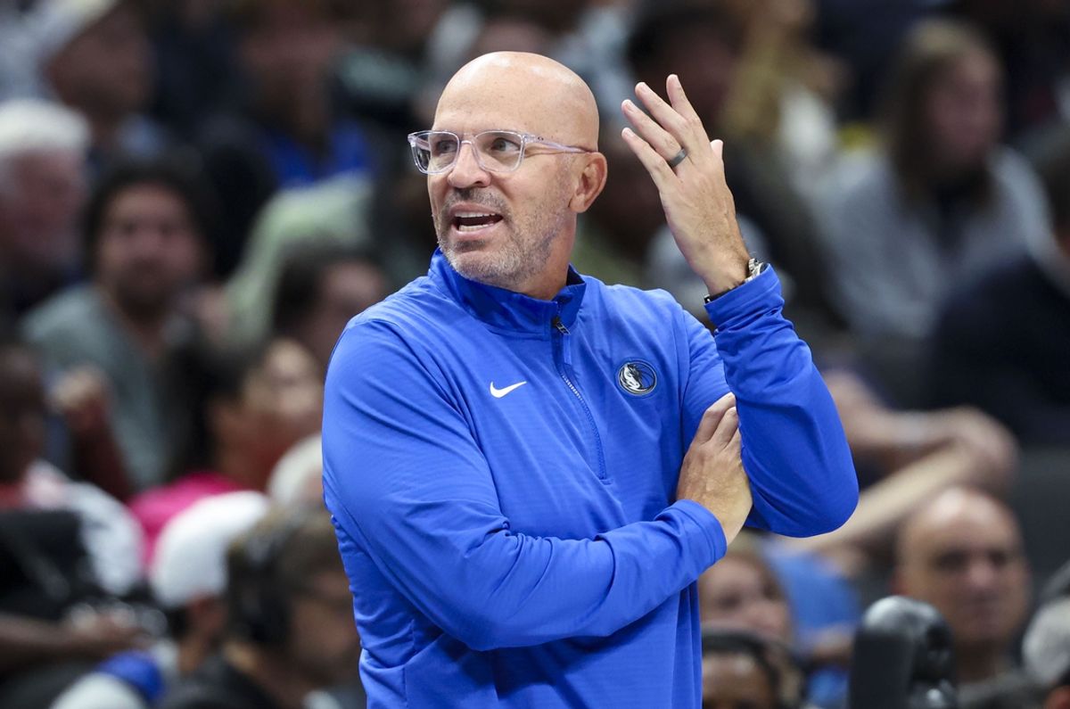 Oct 31, 2024; Dallas, Texas, USA;  Dallas Mavericks hea coach Jason Kidd reacts during the game against the Houston Rockets at American Airlines Center. Mandatory Credit: Kevin Jairaj-Imagn Images