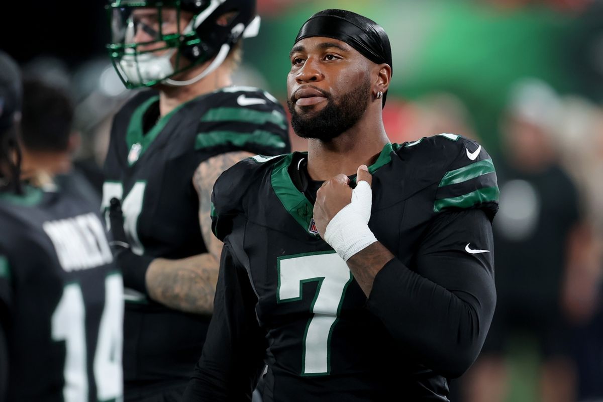 Oct 31, 2024; East Rutherford, New Jersey, USA; New York Jets defensive end Haason Reddick (7) on the sidelines during the first quarter against the Houston Texans at MetLife Stadium. Mandatory Credit: Brad Penner-Imagn Images