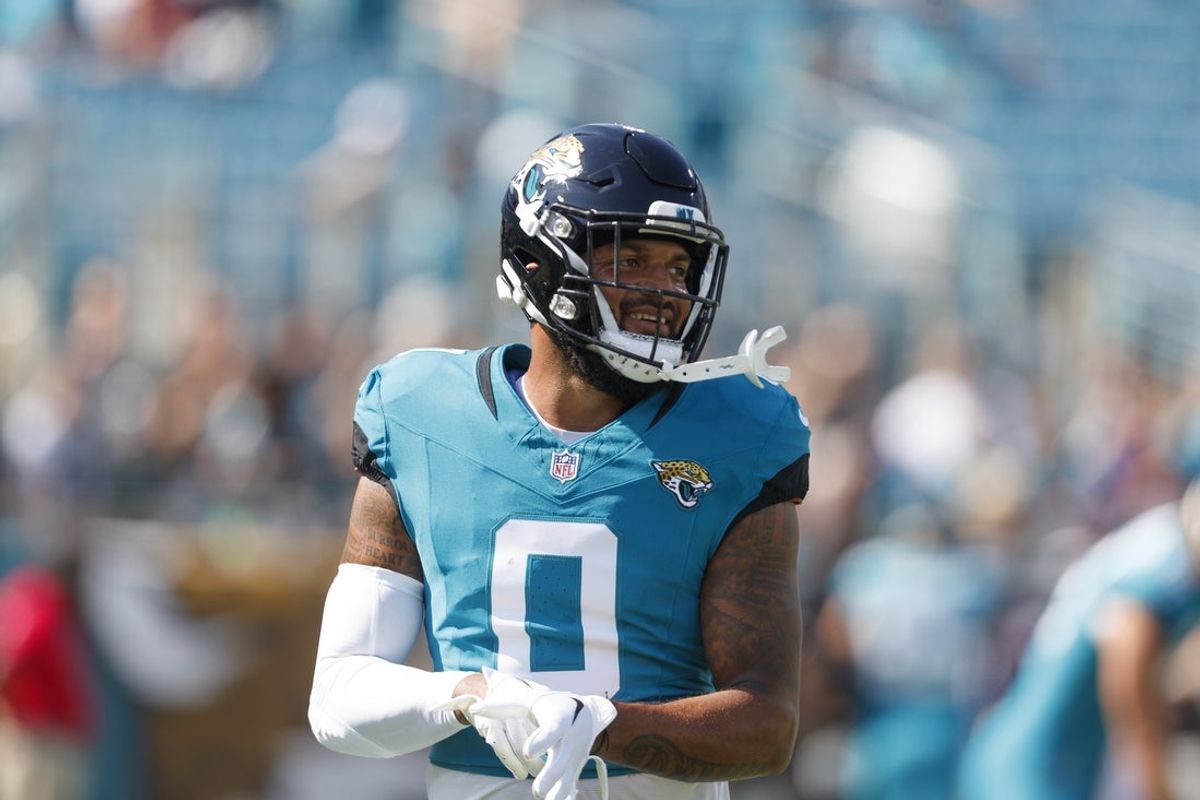 Oct 27, 2024; Jacksonville, Florida, USA; Jacksonville Jaguars wide receiver Gabe Davis (0) before the game against the Green Bay Packers at EverBank Stadium. Mandatory Credit: Morgan Tencza-Imagn Images