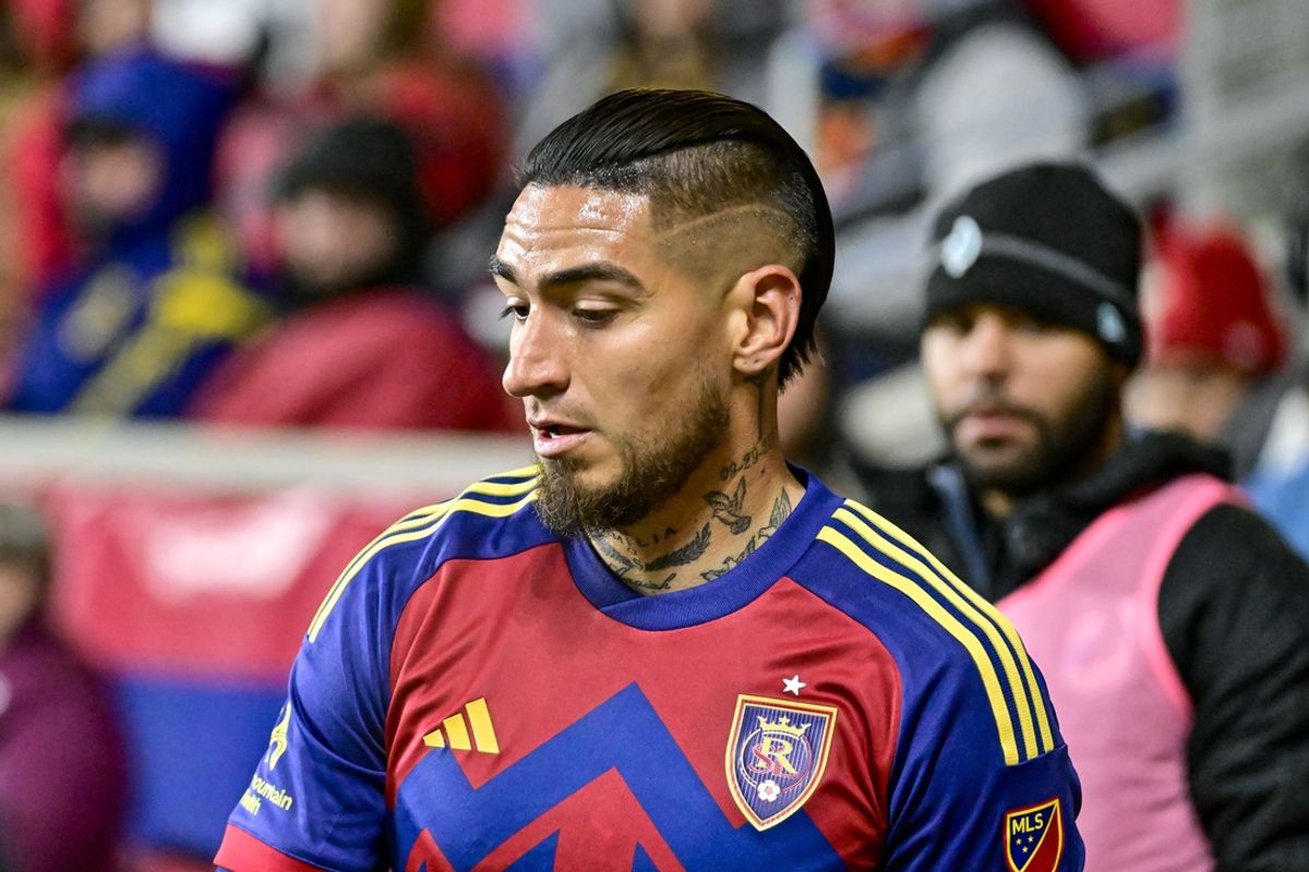Oct 29, 2024; Sandy, Utah, USA; Real Salt Lake forward Cristian Arango (9) during a corner kick against Minnesota United FC during the second half at America First Field. Mandatory Credit: Christopher Creveling-Imagn Images