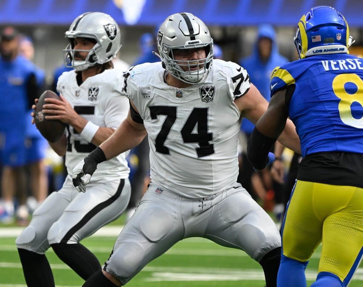 Oct 20, 2024; Inglewood, California, USA; Las Vegas Raiders offensive tackle Kolton Miller (74) provides protection for quarterback Gardner Minshew (15) during an NFL game against the Los Angeles Rams at SoFi Stadium. Mandatory Credit: Robert Hanashiro-Imagn Images