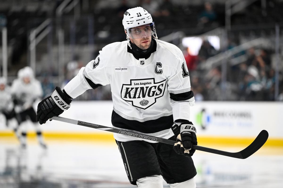 Oct 29, 2024; San Jose, California, USA; Los Angeles Kings center Anze Kopitar (11) skates against the San Jose Sharks during the second period at SAP Center at San Jose. Mandatory Credit: Eakin Howard-Imagn Images