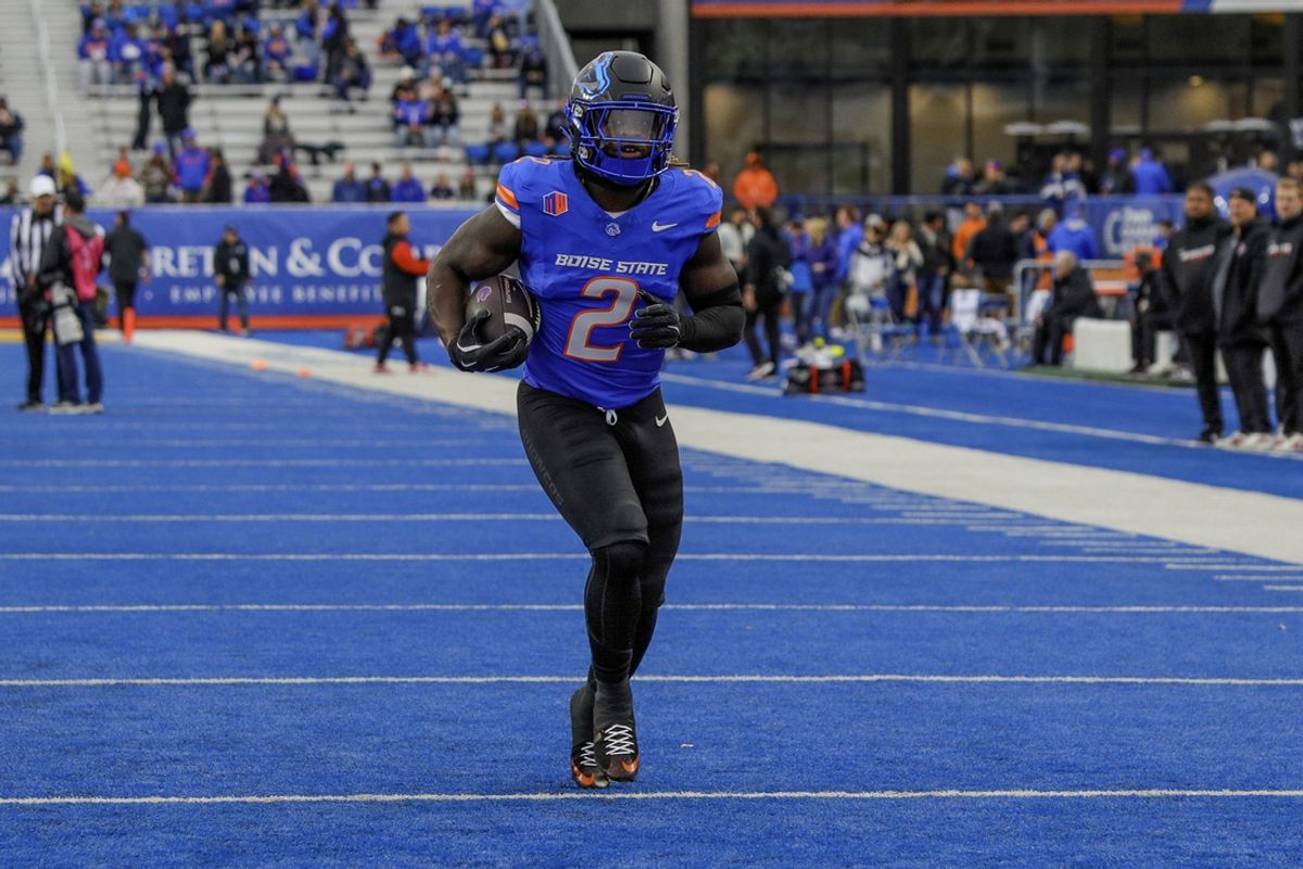 Nov 1, 2024; Boise, Idaho, USA; Boise State Broncos running back Ashton Jeanty (2) warms up before the game against the San Diego State Aztecs at Albertsons Stadium. Mandatory Credit: Brian Losness-Imagn Images