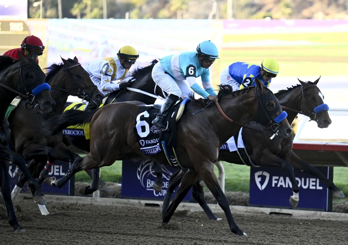 Nov 1, 2024; Del Mar, CA, USA; Citizen Bull ridden by Martin Garcia wins the Juvenile during the 2024 Breeders' Cup Championship at Del Mar Thoroughbred Club. Mandatory Credit: Denis Poroy-Imagn Images