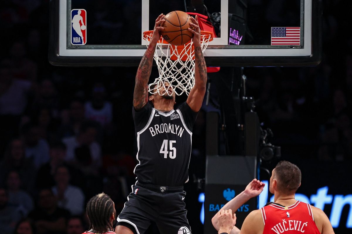 Nov 1, 2024; Brooklyn, New York, USA; Brooklyn Nets guard Keon Johnson (45) goes up for a dunk during the first half against the Chicago Bulls at Barclays Center. Mandatory Credit: Vincent Carchietta-Imagn Images