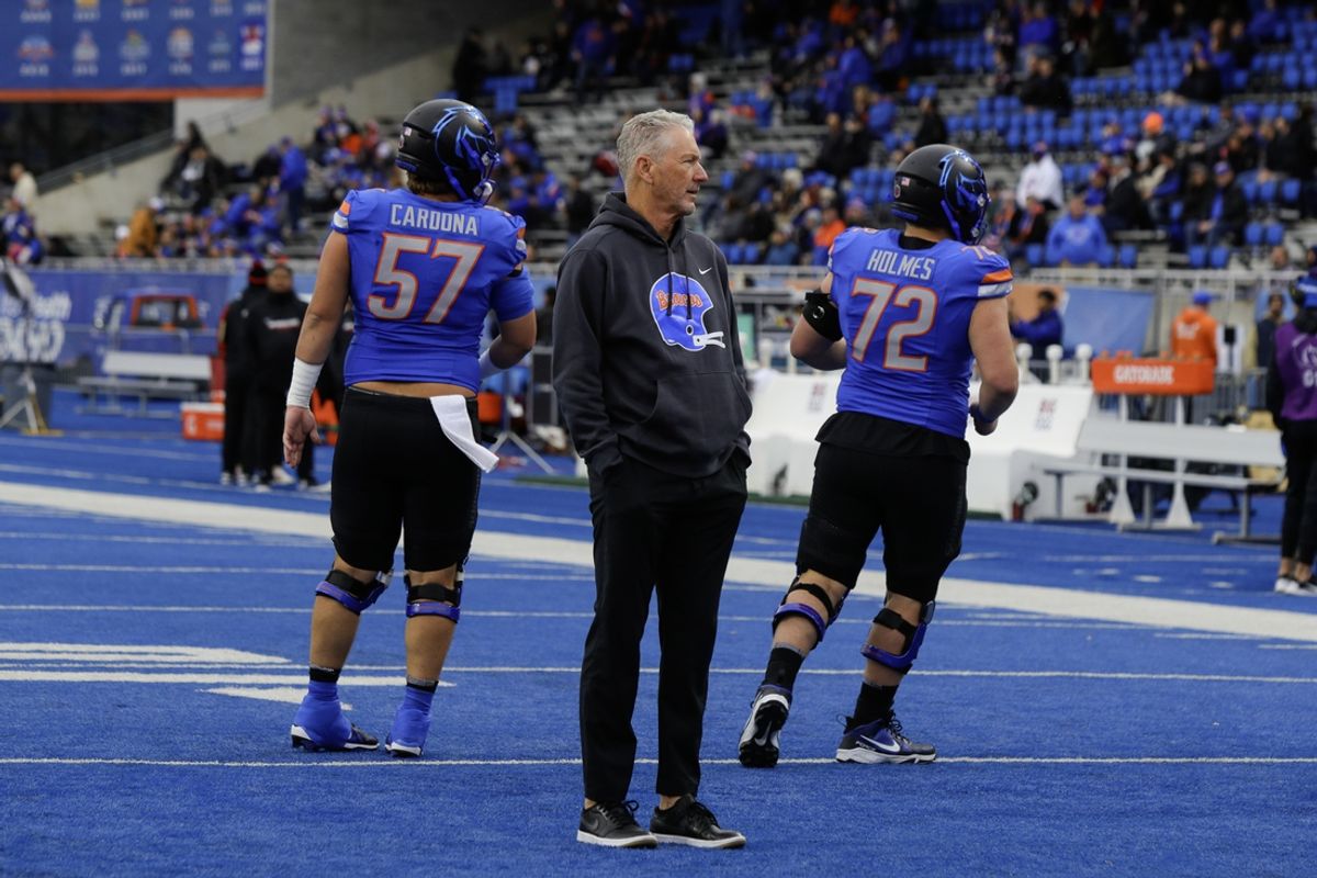 Nov 1, 2024; Boise, Idaho, USA; Boise State Broncos offensive coordinator Dirk Koetter before the game against the San Diego State Aztecs at Albertsons Stadium. Mandatory Credit: Brian Losness-Imagn Images