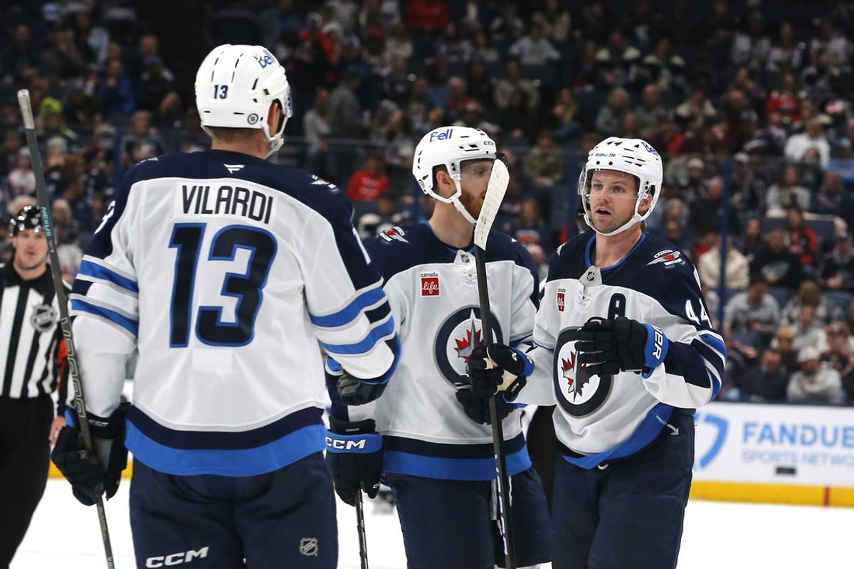 Nov 1, 2024; Columbus, Ohio, USA; Winnipeg Jets defenseman Josh Morrissey (44) celebrates his goal against the Columbus Blue Jackets during the third period at Nationwide Arena. Mandatory Credit: Russell LaBounty-Imagn Images