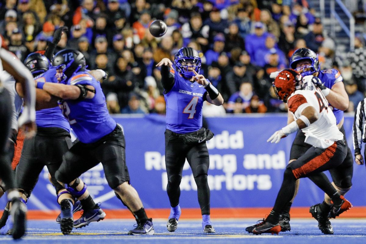 Nov 1, 2024; Boise, Idaho, USA; Boise State Broncos quarterback Maddux Madsen (4) throws a pass during the first quarter against the San Diego State Aztecs at Albertsons Stadium. Mandatory Credit: Brian Losness-Imagn Images