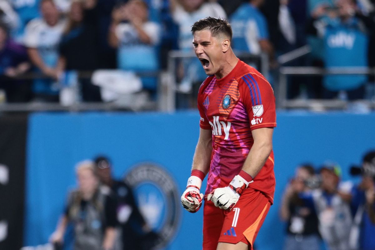 Nov 1, 2024; Charlotte, North Carolina, USA;  Charlotte FC goalkeeper Kristijan Kahlina (1) reacts to a play during the penalty shootout against Orlando City at Bank of America Stadium. Mandatory Credit: Scott Kinser-Imagn Images