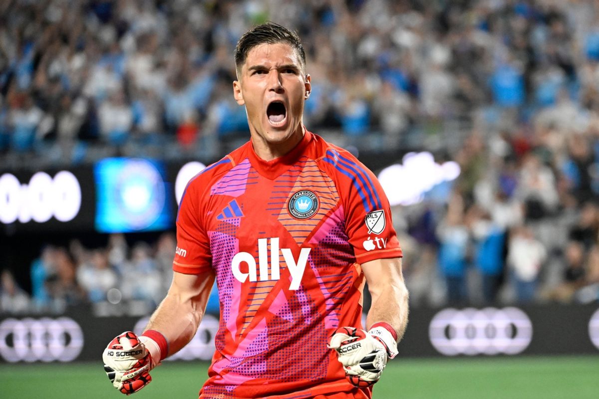 Nov 1, 2024; Charlotte, North Carolina, USA;  Charlotte FC goalkeeper Kristijan Kahlina (1) reacts to the win against Orlando City at Bank of America Stadium. Mandatory Credit: Bob Donnan-Imagn Images