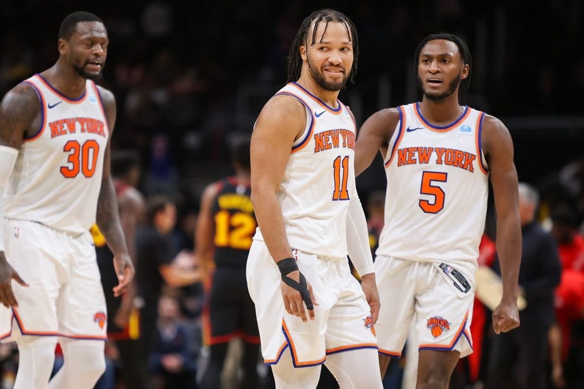 Nov 15, 2023; Atlanta, Georgia, USA; New York Knicks guard Jalen Brunson (11) reacts after a basket against the Atlanta Hawks in the second half at State Farm Arena.