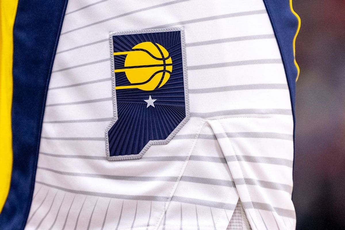 Nov 1, 2024; New Orleans, Louisiana, USA;  Details view of the Indiana Pacers logo against the New Orleans Pelicans during the second half at Smoothie King Center. Mandatory Credit: Stephen Lew-Imagn Images