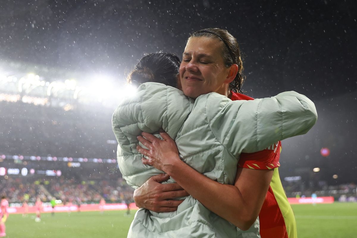 Nov 1, 2024; Portland, Oregon, USA;  Portland Thorns FC forward Christine Sinclair (12) hugs a team mate after playing in her 200th match against Angel City FC at Providence Park. Mandatory Credit: Craig Mitchelldyer-Imagn Images