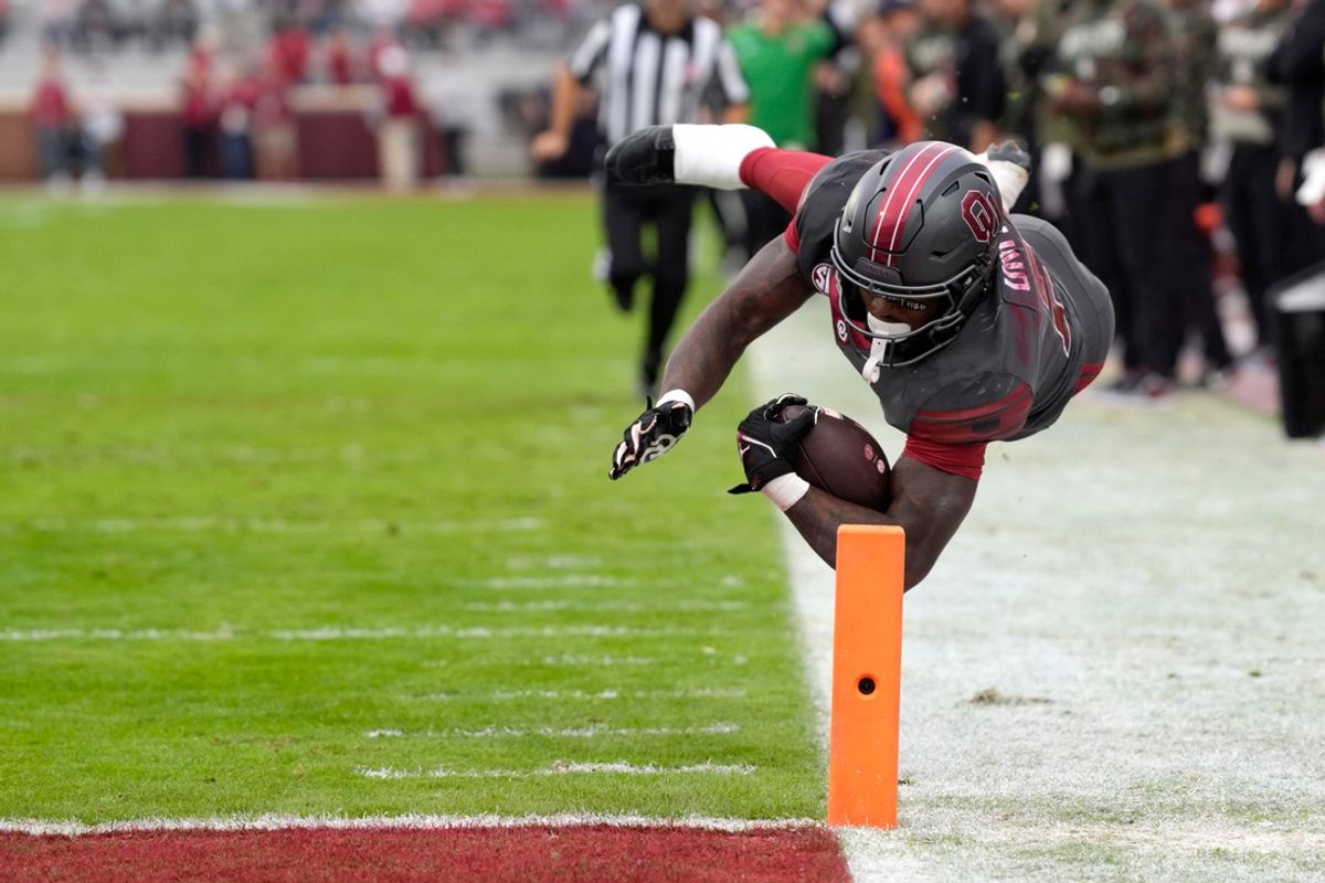 Oklahoma Sooners running back Jovantae Barnes (2) leaps for the end zone but comes up short during a college football game between the University of Oklahoma Sooners (OU) and the Maine Black Bears at Gaylord Family - Oklahoma Memorial Stadium in Norman, Okla., Saturday, Nov. 2, 2024.