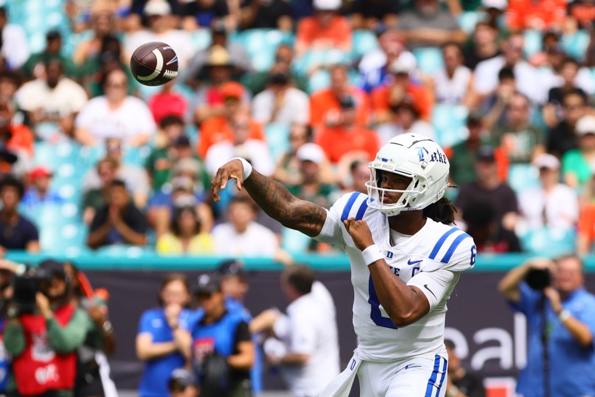 Nov 2, 2024; Miami Gardens, Florida, USA; Duke Blue Devils quarterback Maalik Murphy (6) throws the football against the Miami Hurricanes during the second quarter at Hard Rock Stadium. Mandatory Credit: Sam Navarro-Imagn Images